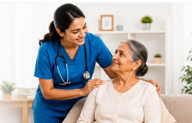 Home healthcare professional supporting an elderly patient at home